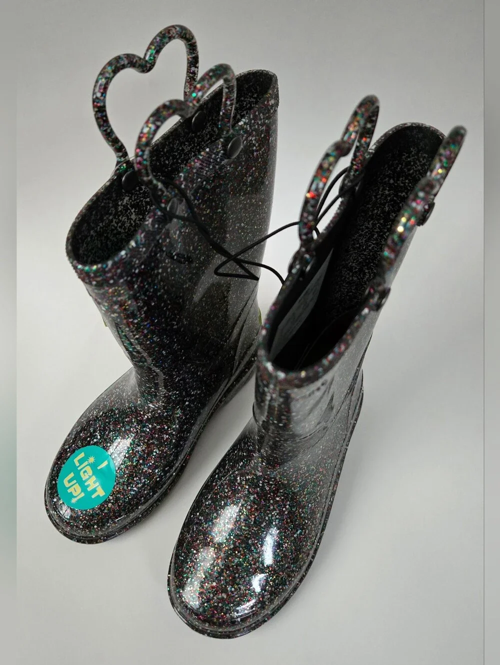 NEW Western Chief Kids Abby Black Glitter Rain Boots Light-Up Waterproof Size 11